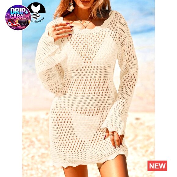 Crochet Mesh Knit Swimsuit Cover Up Long Sleeve Beach Dress - Picture 7 of 7
